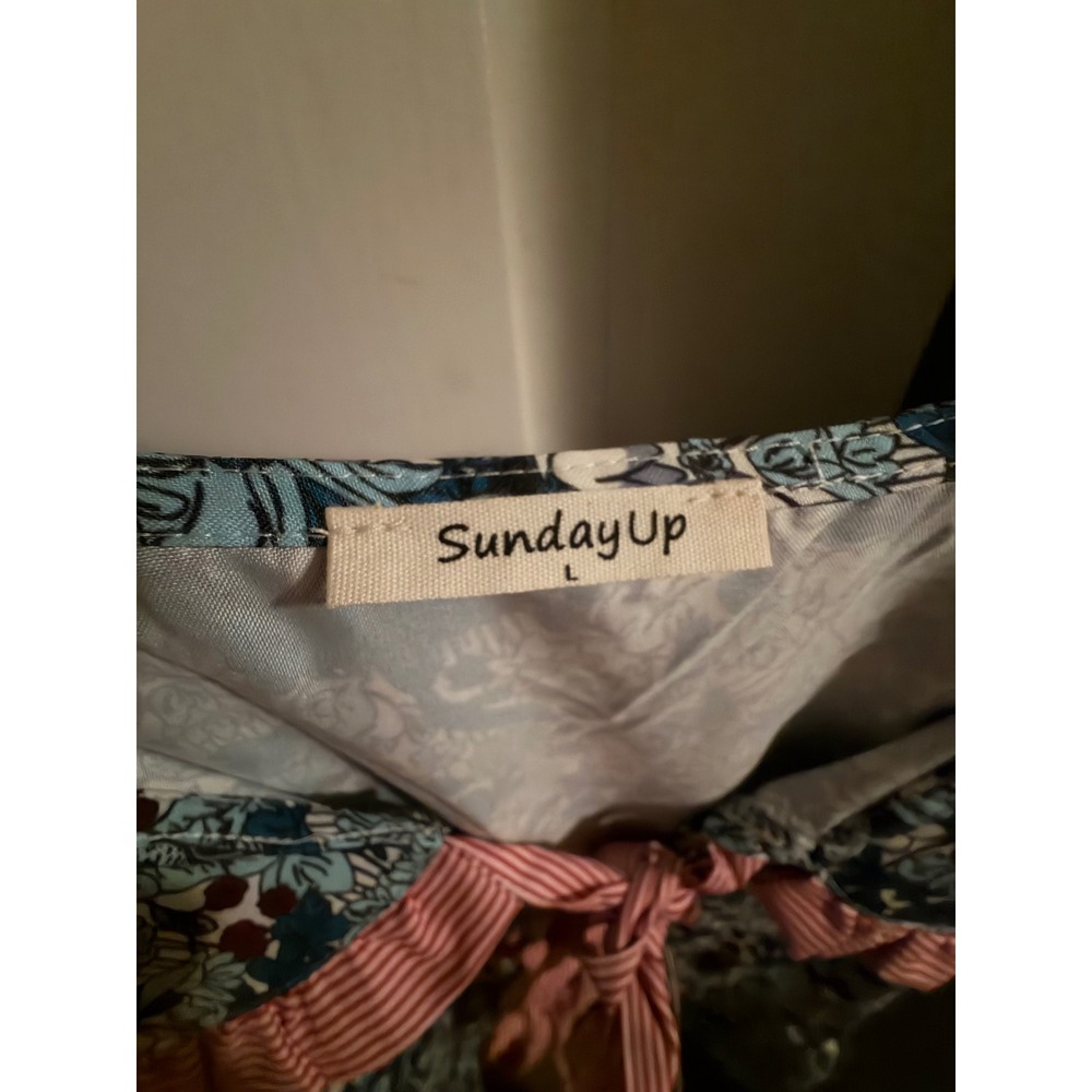 Sunday Up Womens Floral Set Blue floral w Stripe Ruffle Peter Pan Collar Large - Picture 6 of 12